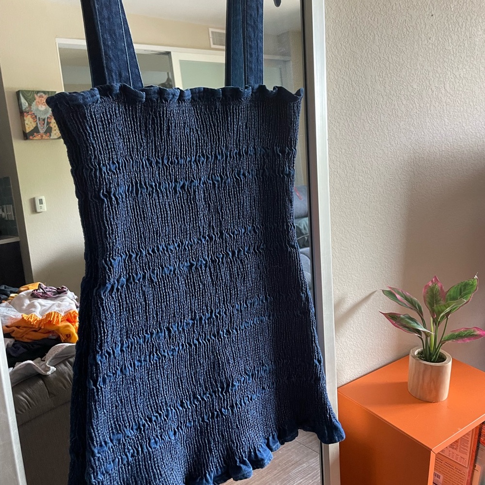 UO Jean color fitted mini-scrunch dress with adjustable straps